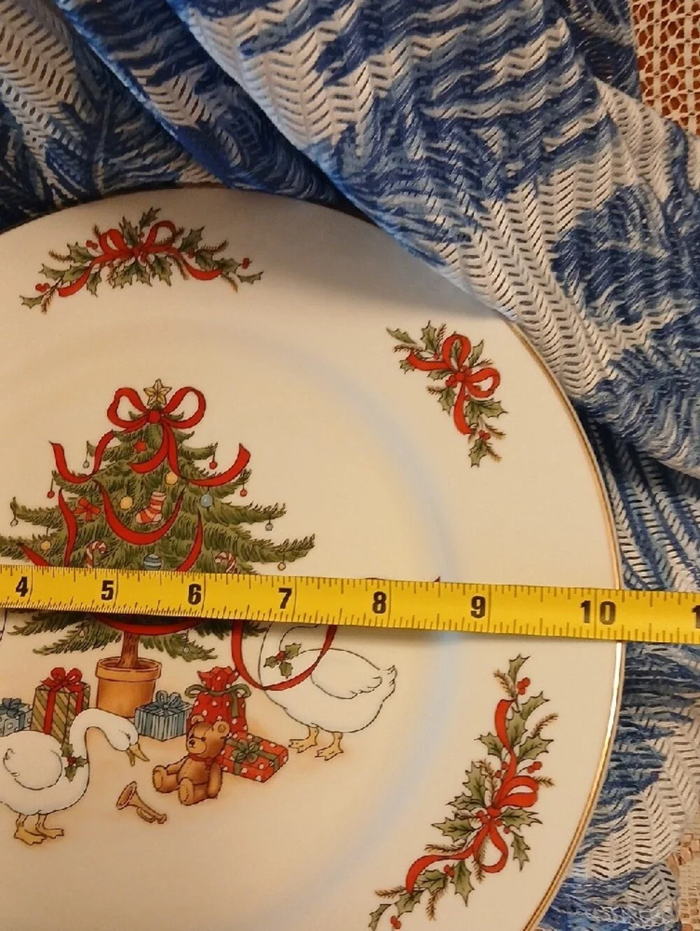 Holiday Christmas Tree & Geese Decorative Plate - White with Red & Green Accents